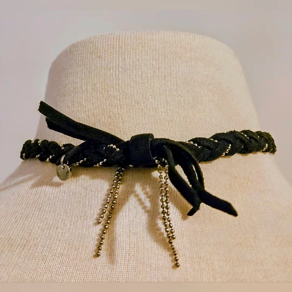 Mexx Vintage Leather & Metal Retro Choker/Bracelet; Black; 15"; Braided; Tassels - Picture 3 of 16